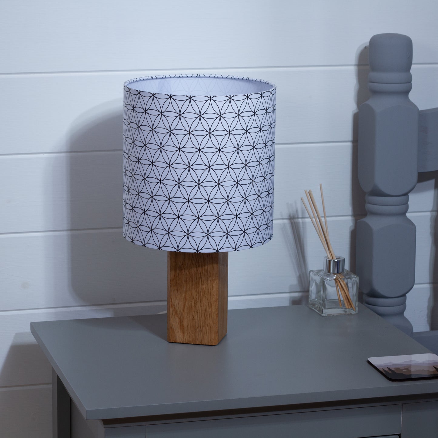 Square Oak Table Lamp with 20cm Drum Lamp Shade B108 Flower of Life
