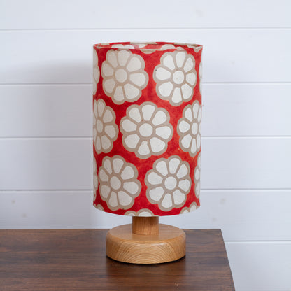 Round Oak Table Lamp (15cm) with 20cm x 30cm Drum Lampshade in P18 - Batik Big Flower on Red