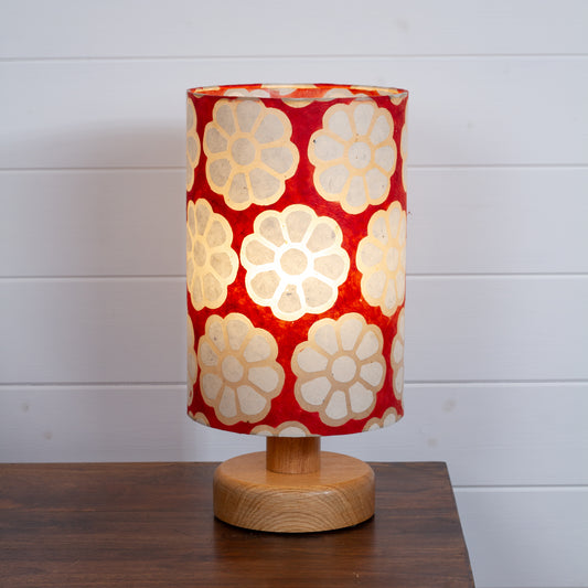 Round Oak Table Lamp (15cm) with 20cm x 30cm Drum Lampshade in P18 - Batik Big Flower on Red