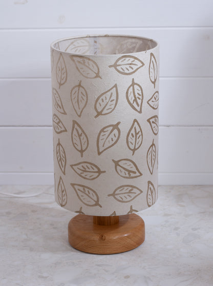 Round Oak Table Lamp (15cm) with 20cm x 30cm Drum Lampshade in (P28) Batik Leaf on Natural