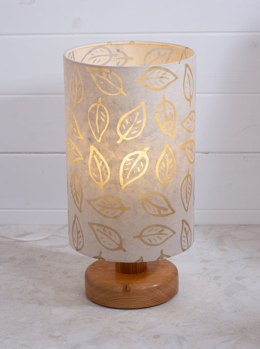 Round Oak Table Lamp (15cm) with 20cm x 30cm Drum Lampshade in (P28) Batik Leaf on Natural