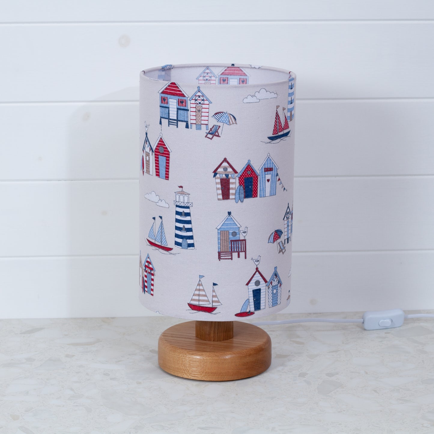 Round Oak Table Lamp (15cm) with 20cm x 30cm Drum Lampshade in F130 ~ Beach Huts Fabric