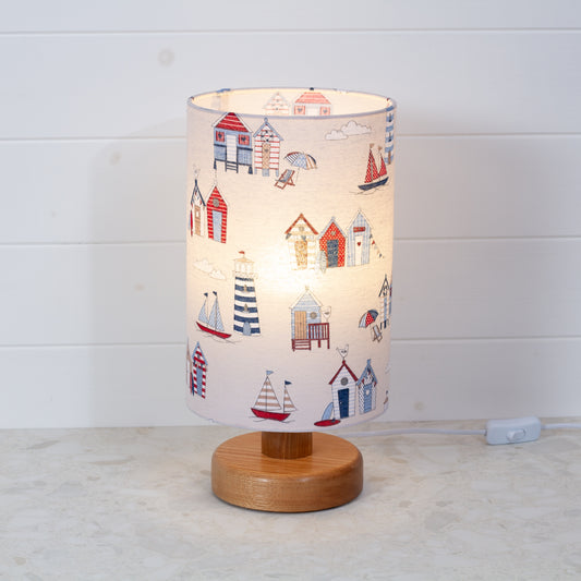 Round Oak Table Lamp (15cm) with 20cm x 30cm Drum Lampshade in F130 ~ Beach Huts Fabric