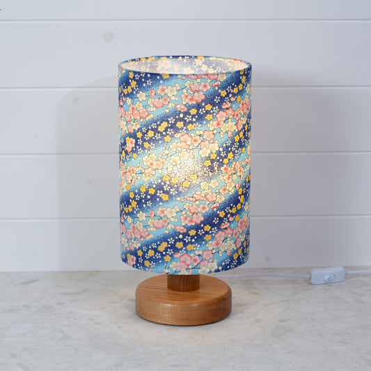 Round Oak Table Lamp (15cm) with 20cm x 30cm Drum Lampshade in F120 ~ Cherry Blossom Blues Fabric