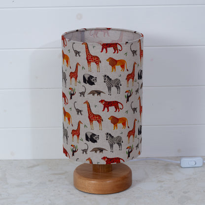 Round Oak Table Lamp (15cm) with 20cm x 30cm Drum Lampshade in F100 ~ Zoo Animals Fabric