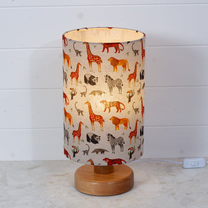 Round Oak Table Lamp (15cm) with 20cm x 30cm Drum Lampshade in F100 ~ Zoo Animals Fabric