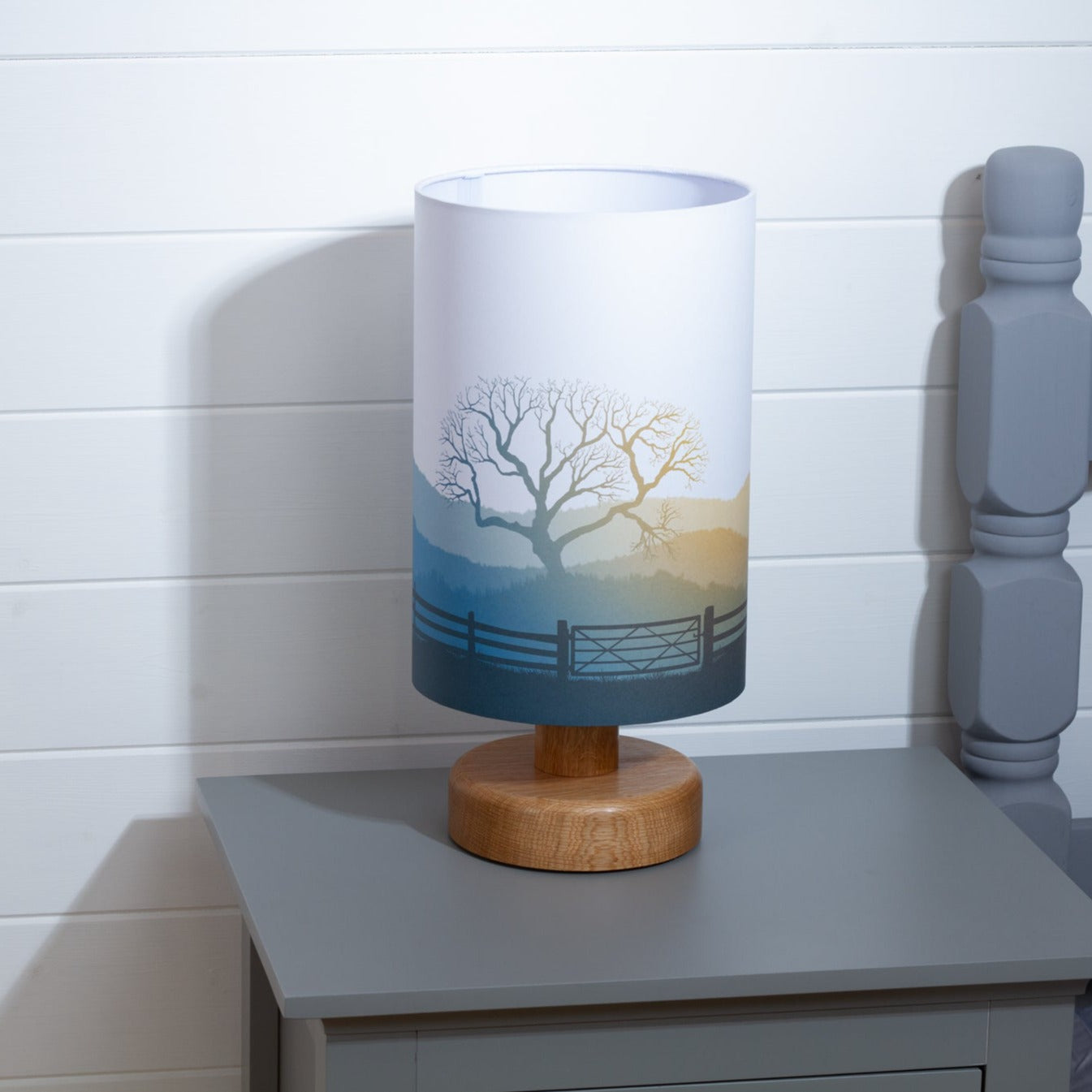 Round Oak Table Lamp with 20cm x 30cm Lamp Shade in Landscape Gate Blue/Orange