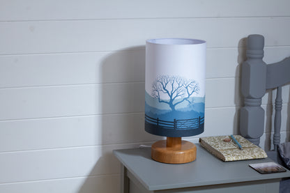 Round Oak Table Lamp with 20cm x 30cm Lamp Shade in Landscape Gate Blue