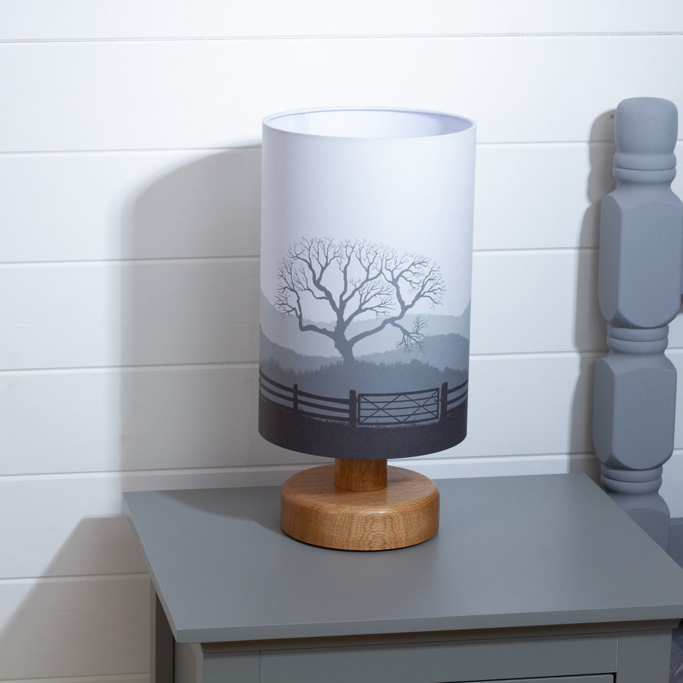 Round Oak Table Lamp with 20cm x 30cm Lamp Shade in Landscape Gate Grey