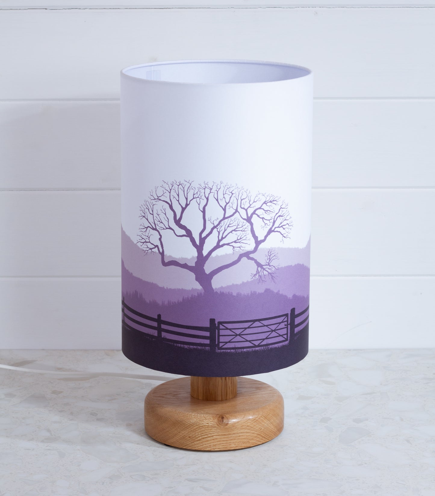 Round Oak Table Lamp with 20cm x 30cm Lamp Shade in Landscape Gate Purple