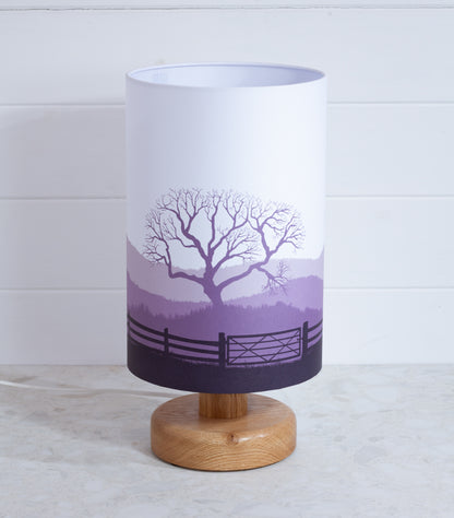 Round Oak Table Lamp with 20cm x 30cm Lamp Shade in Landscape Gate Purple
