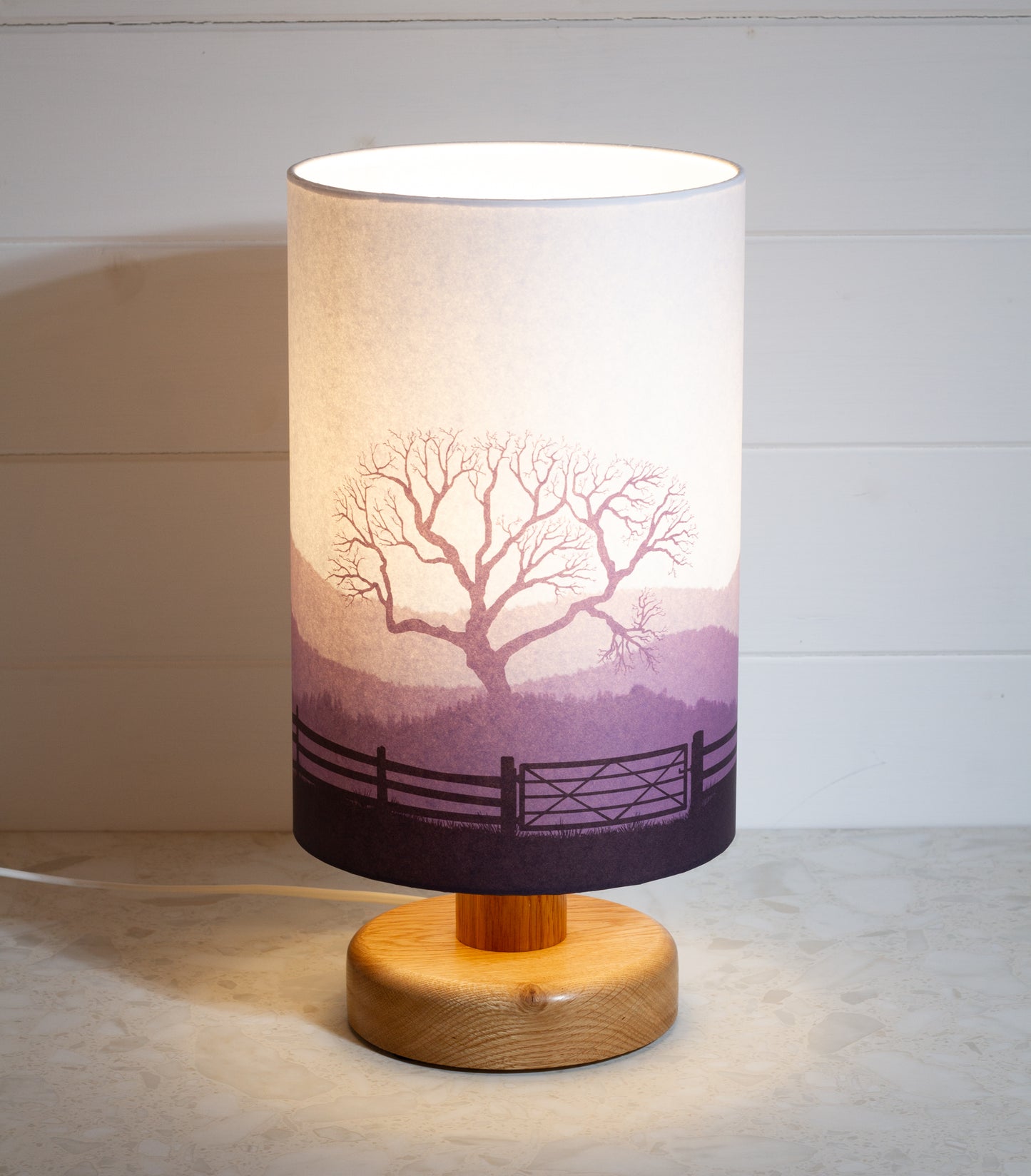 Round Oak Table Lamp with 20cm x 30cm Lamp Shade in Landscape Gate Purple