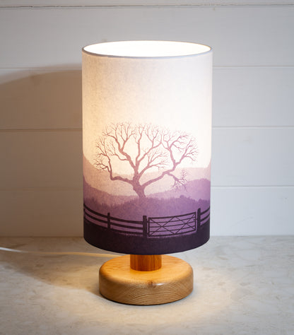 Round Oak Table Lamp with 20cm x 30cm Lamp Shade in Landscape Gate Purple