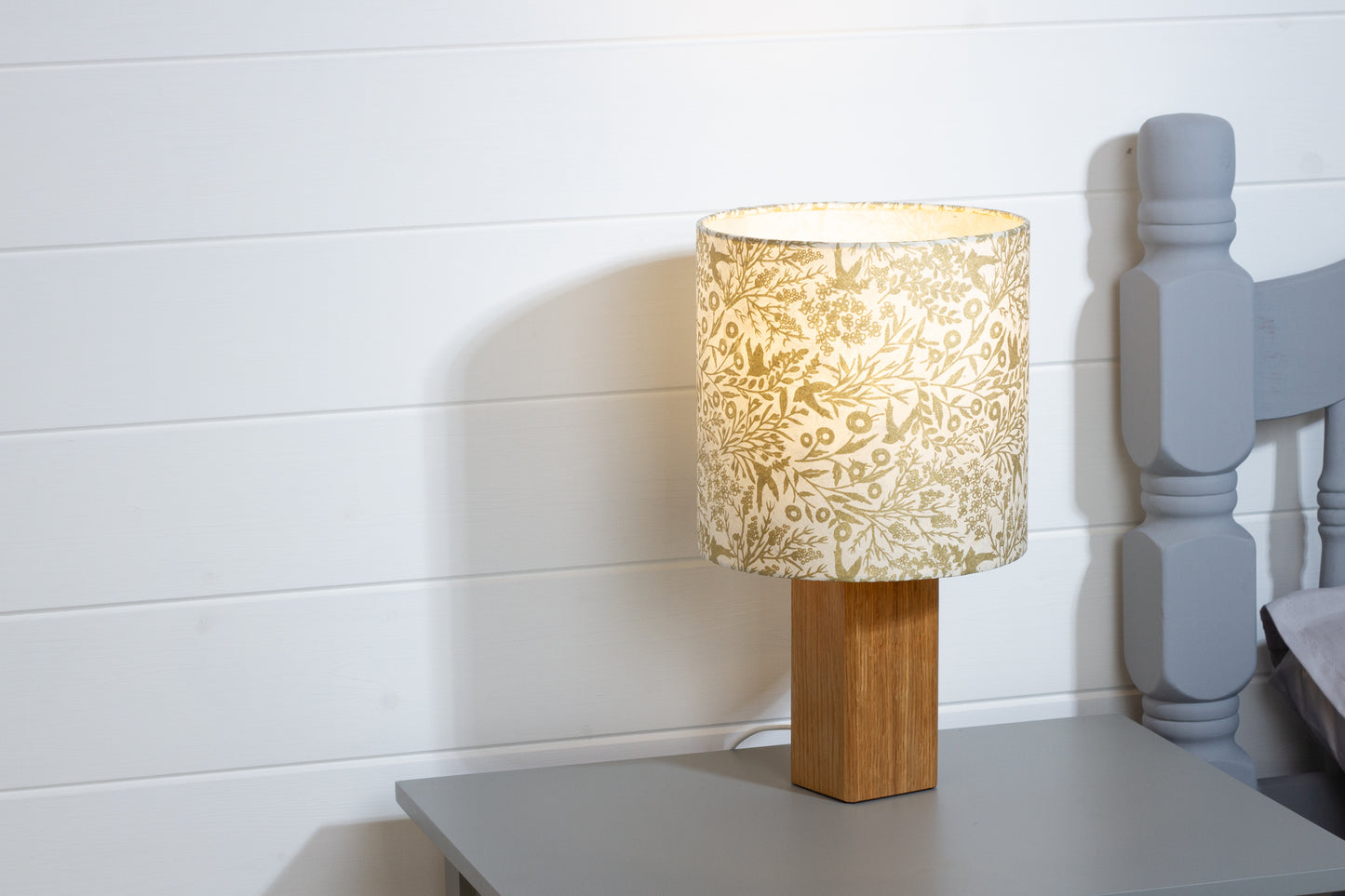 Square Oak Table Lamp with 20cm Drum Lamp Shade B135 ~ Gold Birds