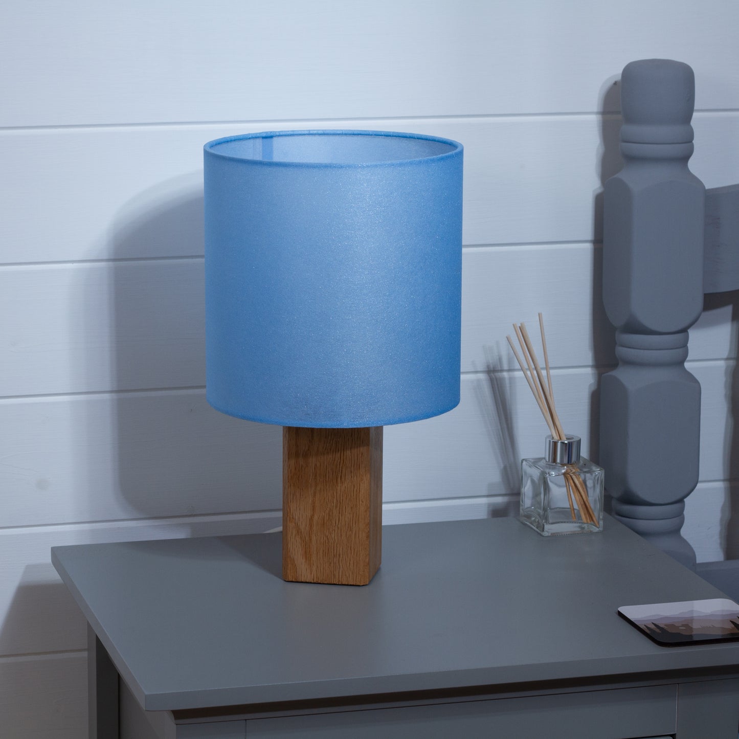 Square Oak Table Lamp with 20cm Drum Lamp Shade P51 ~ Blue Non Woven Fabric