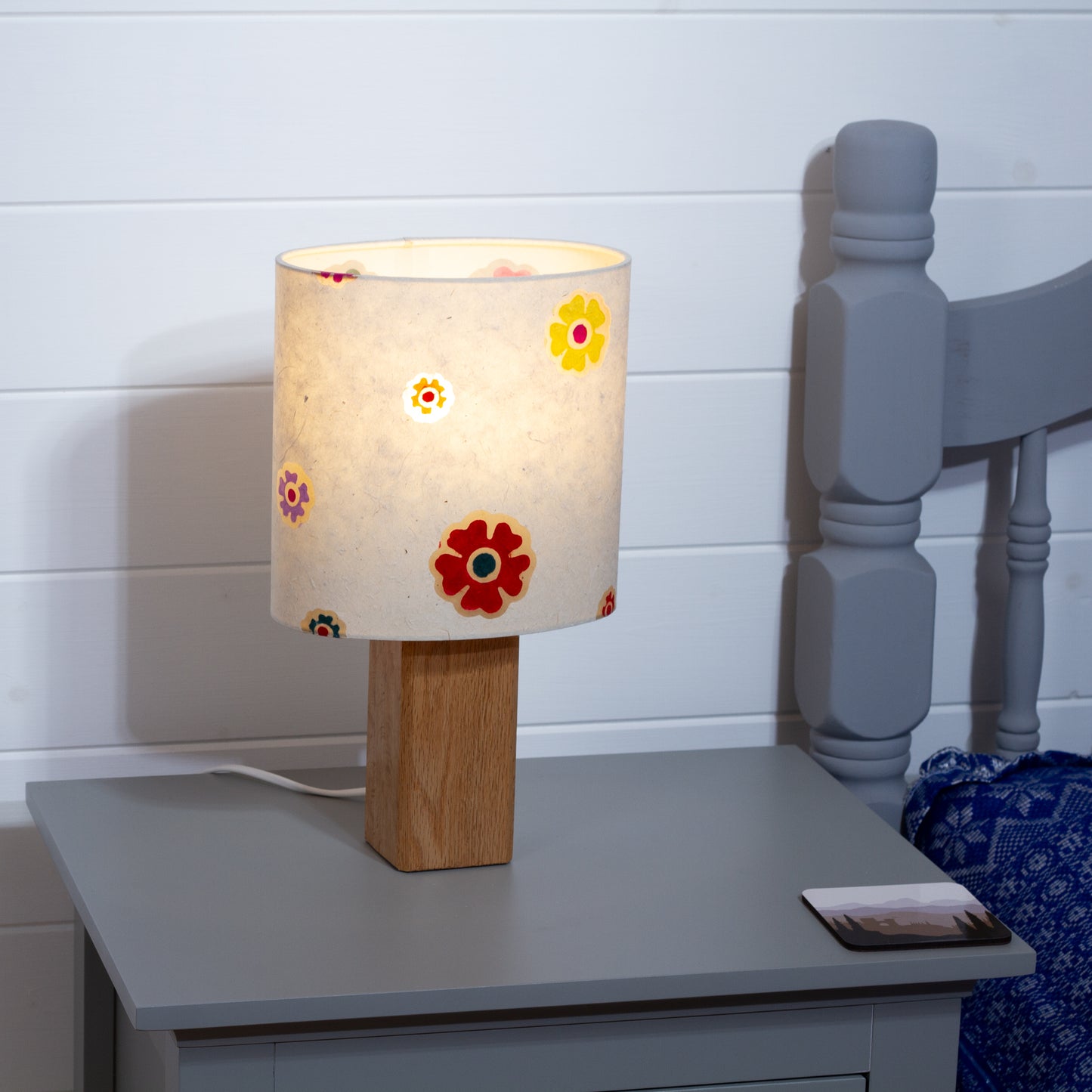 Square Oak Lamp Base with Oval Lamp shade in  P35 - Batik Multi Flower on Natural