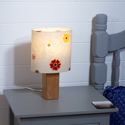 Square Oak Lamp Base with Oval Lamp shade in  P35 - Batik Multi Flower on Natural