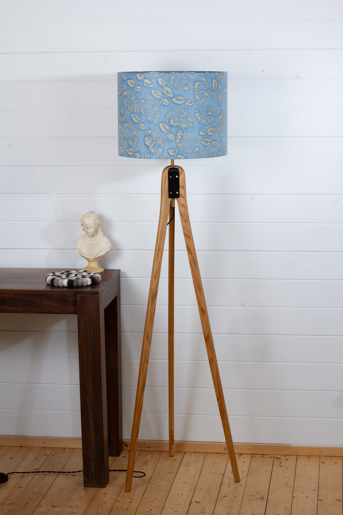 Oak Tripod Floor Lamp  - B129 ~ Batik Peony Blue