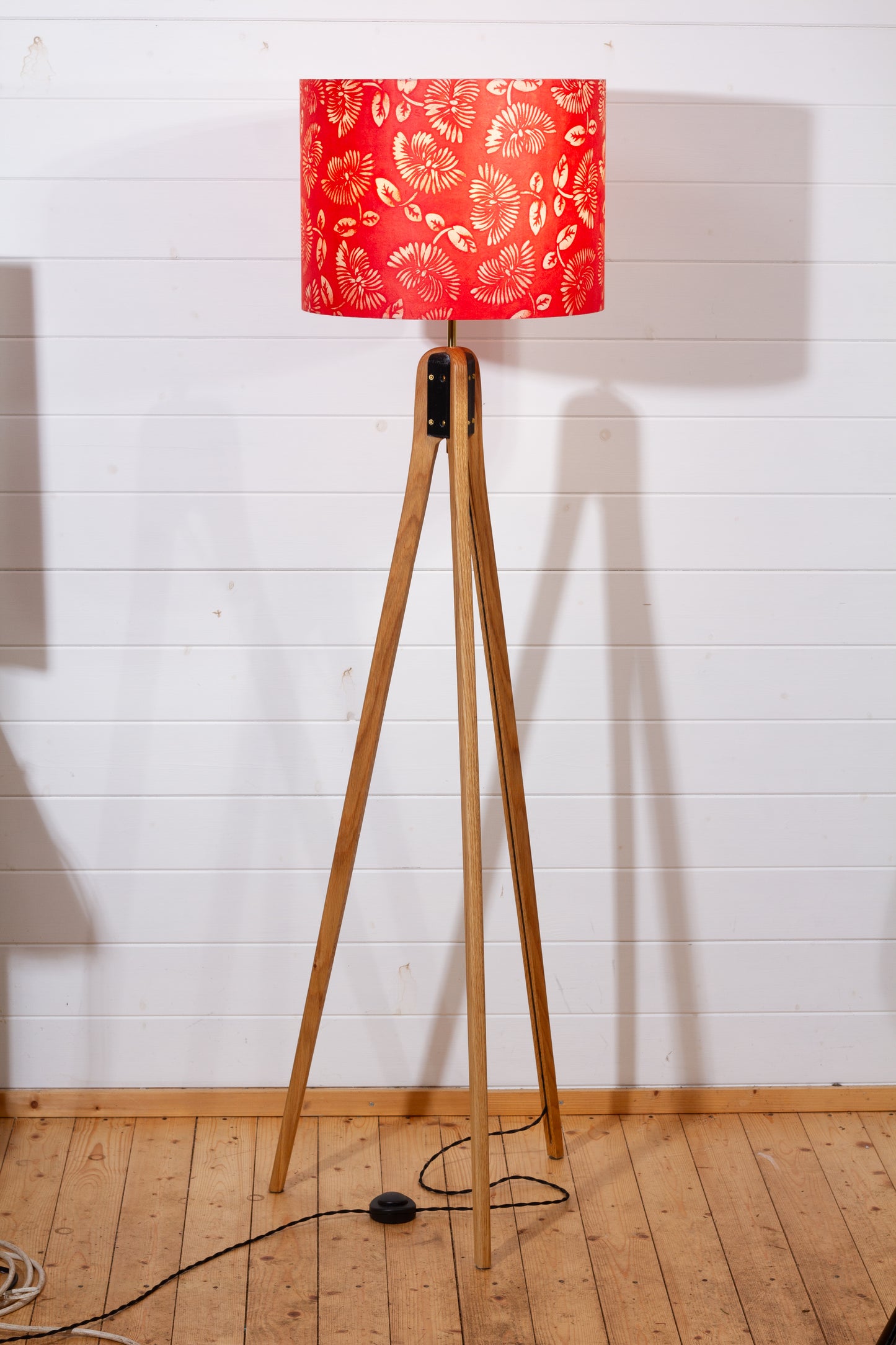 Oak Tripod Floor Lamp - B118 Batik Peony Red