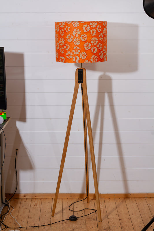 Oak Tripod Floor Lamp - P94 - Batik Star Flower on Orange