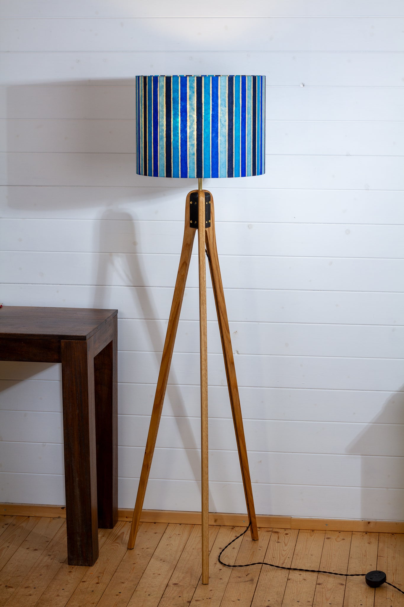 Oak Tripod Floor Lamp  - P05 - Batik Stripes Blue
