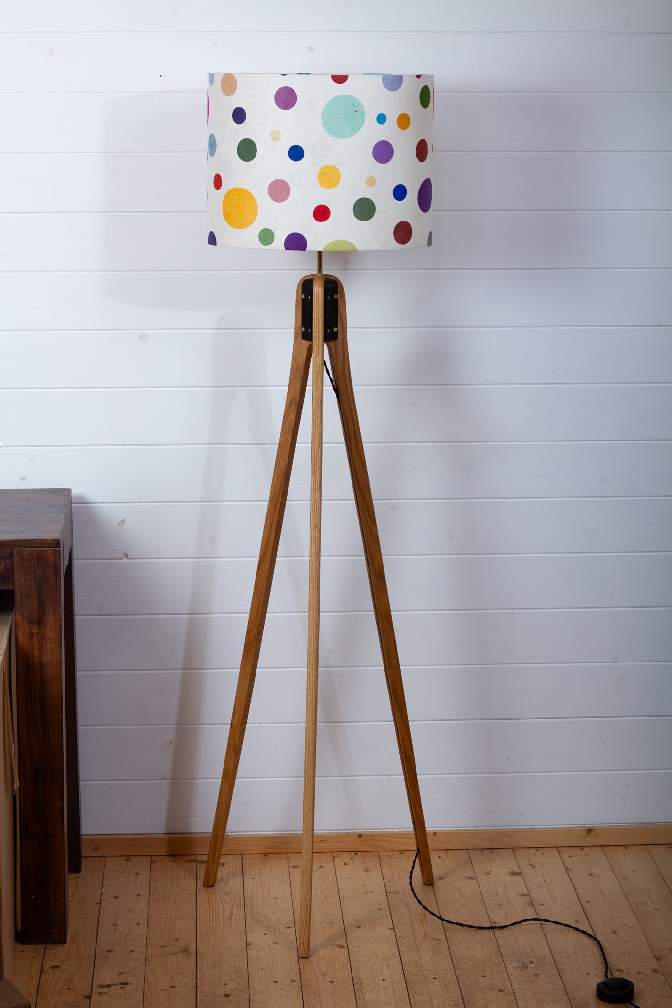 Oak Tripod Floor Lamp - P39 - Polka Dots on Natural Lokta