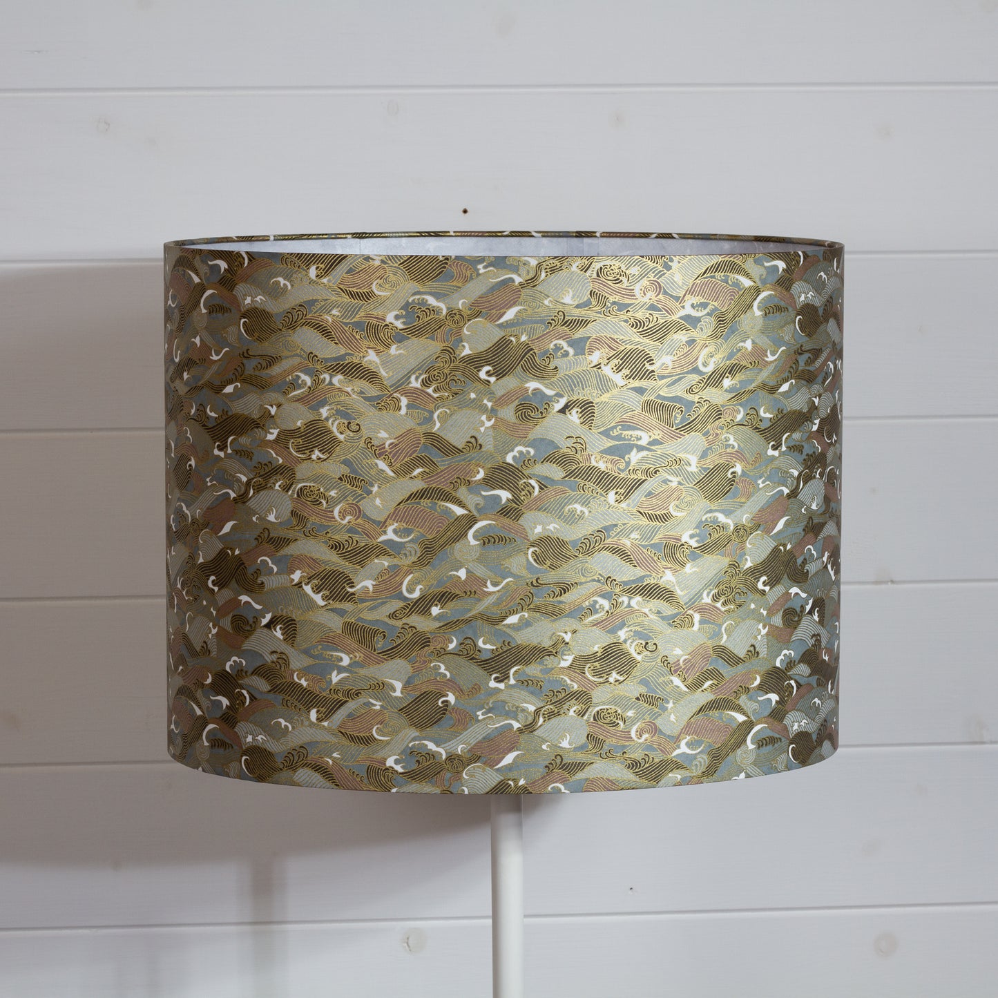 Oval Lamp Shade - W03 ~ Gold Waves on Greys, 40cm(w) x 30cm(h) x 30cm(d)