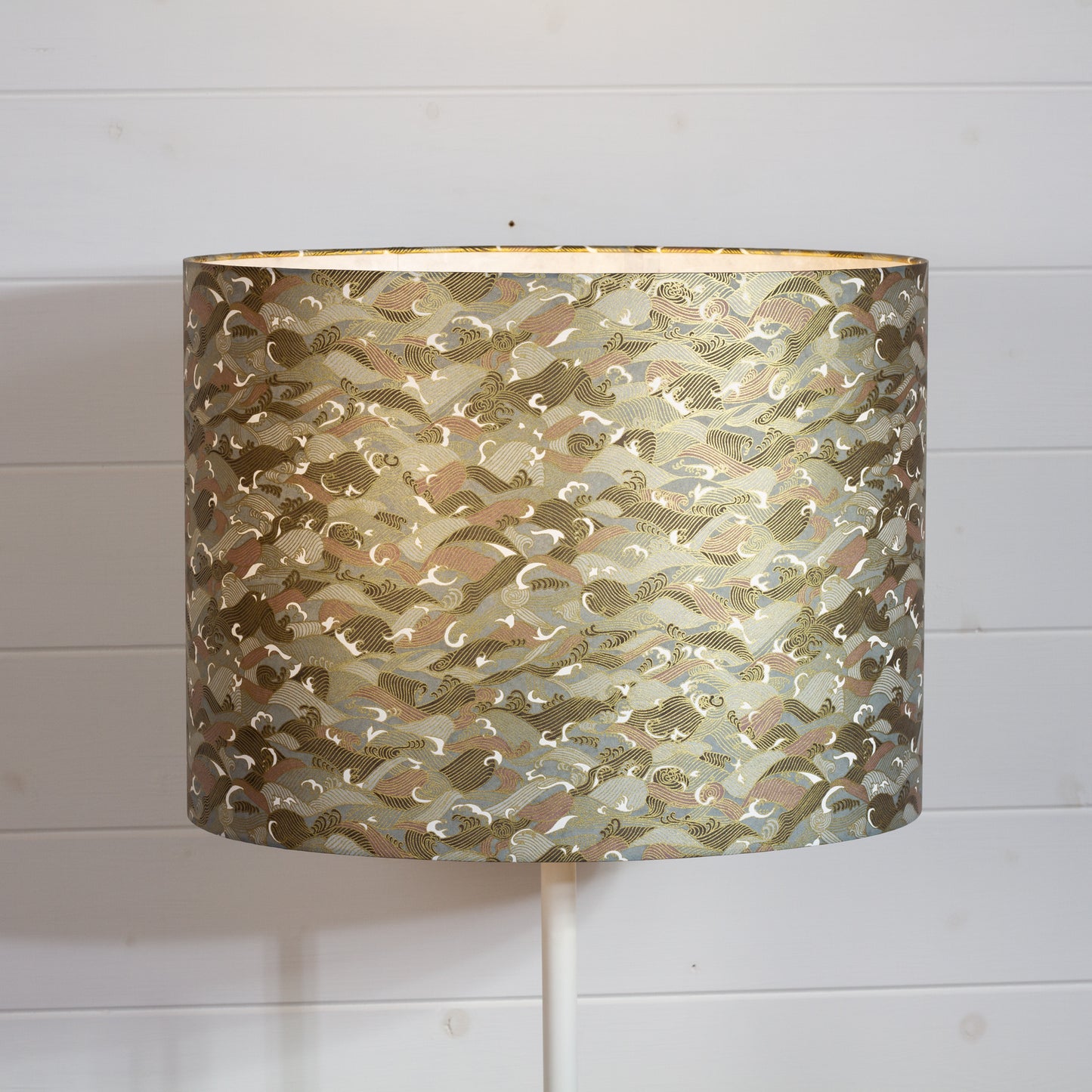 Oval Lamp Shade - W03 ~ Gold Waves on Greys, 40cm(w) x 30cm(h) x 30cm(d)