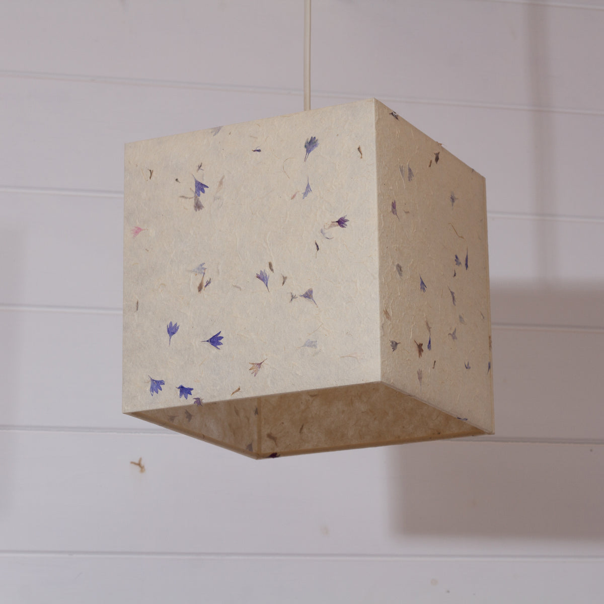Square Lamp Shade - P34 - Cornflower Petals on Natural Lokta, 20cm(w) x 20cm(h) x 20cm(d)