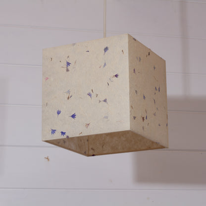 Square Lamp Shade - P34 - Cornflower Petals on Natural Lokta, 20cm(w) x 20cm(h) x 20cm(d)