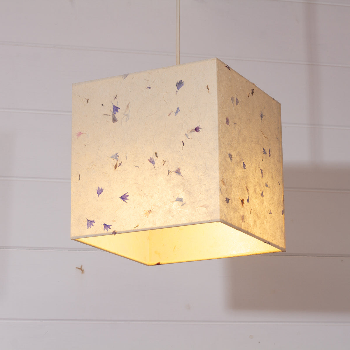 Square Lamp Shade - P34 - Cornflower Petals on Natural Lokta, 20cm(w) x 20cm(h) x 20cm(d)