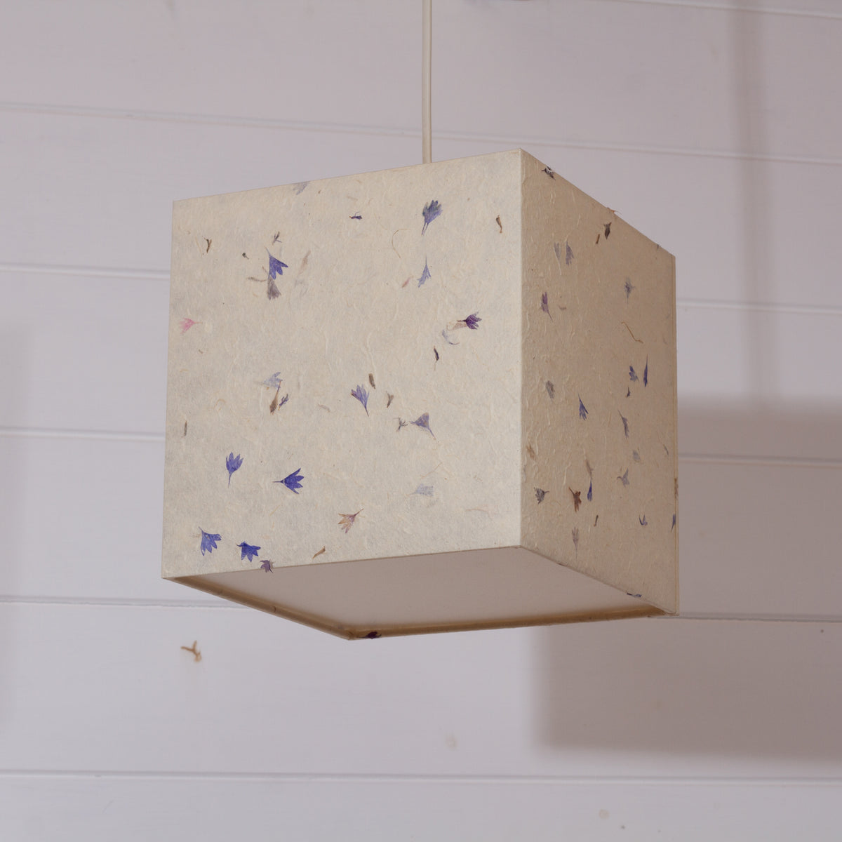 Square Lamp Shade - P34 - Cornflower Petals on Natural Lokta, 20cm(w) x 20cm(h) x 20cm(d)