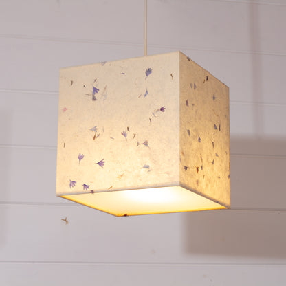 Square Lamp Shade - P34 - Cornflower Petals on Natural Lokta, 20cm(w) x 20cm(h) x 20cm(d)