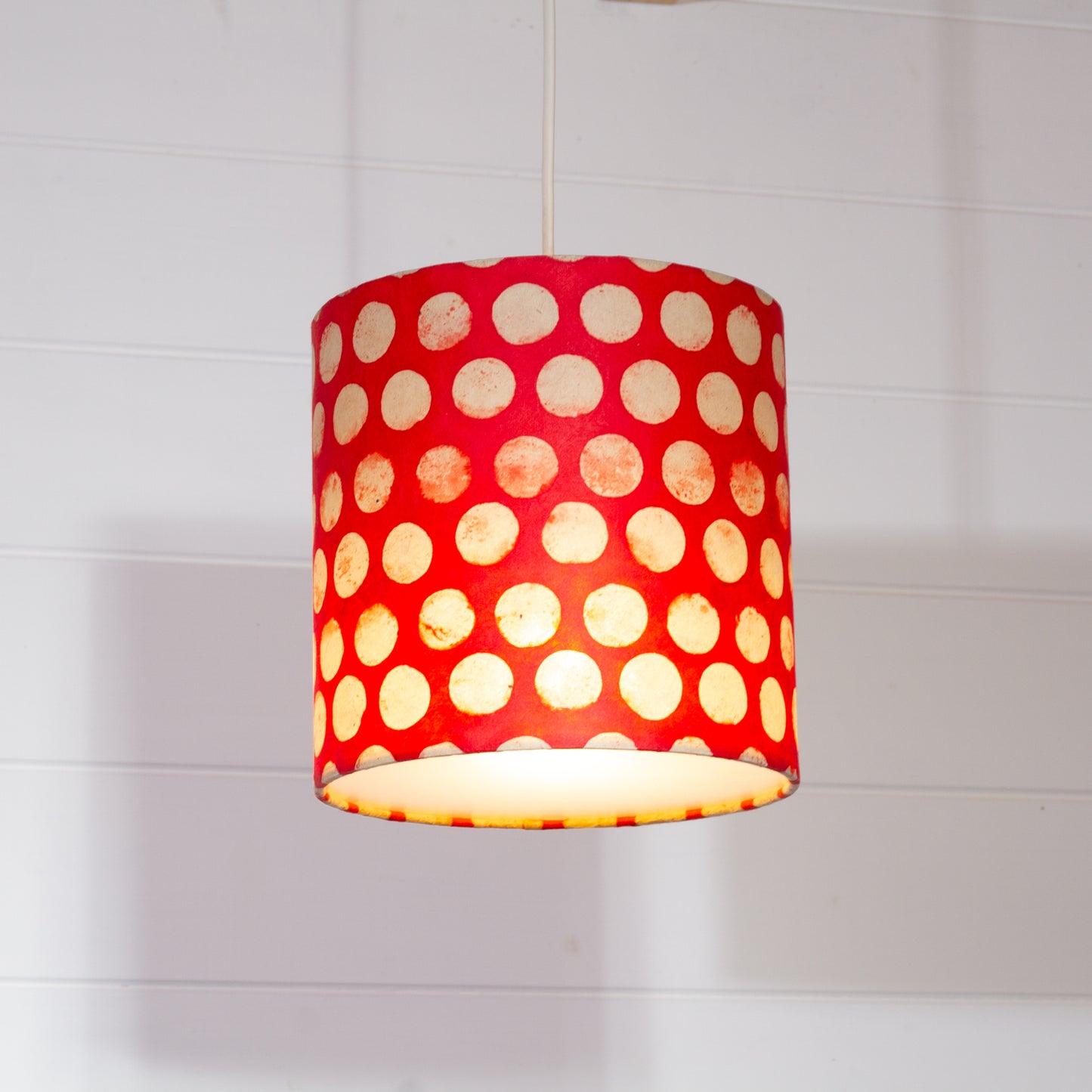 Drum Lamp Shade - P84 ~ Batik Dots on Red, 20cm(d) x 20cm(h)