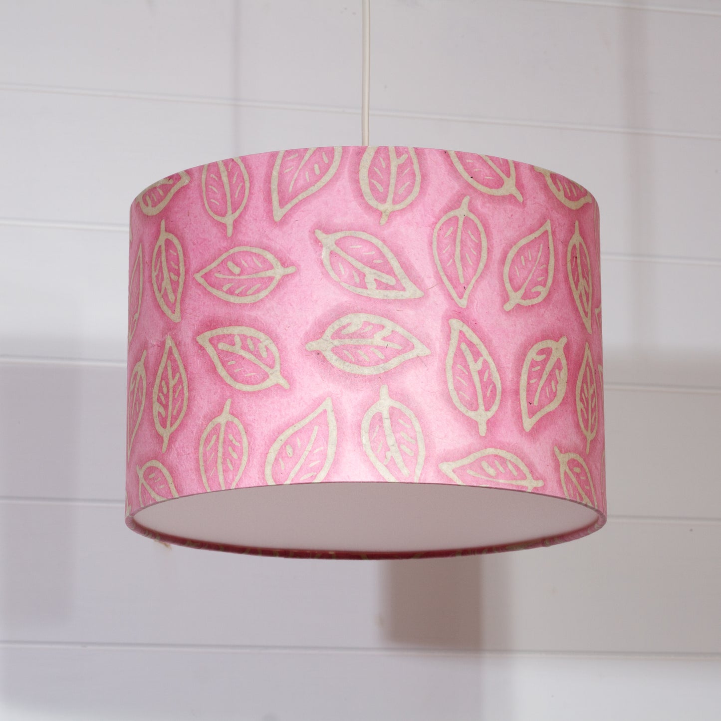 Drum Lamp Shade - P67 - Batik Leaf on Pink, 30cm(d) x 20cm(h)