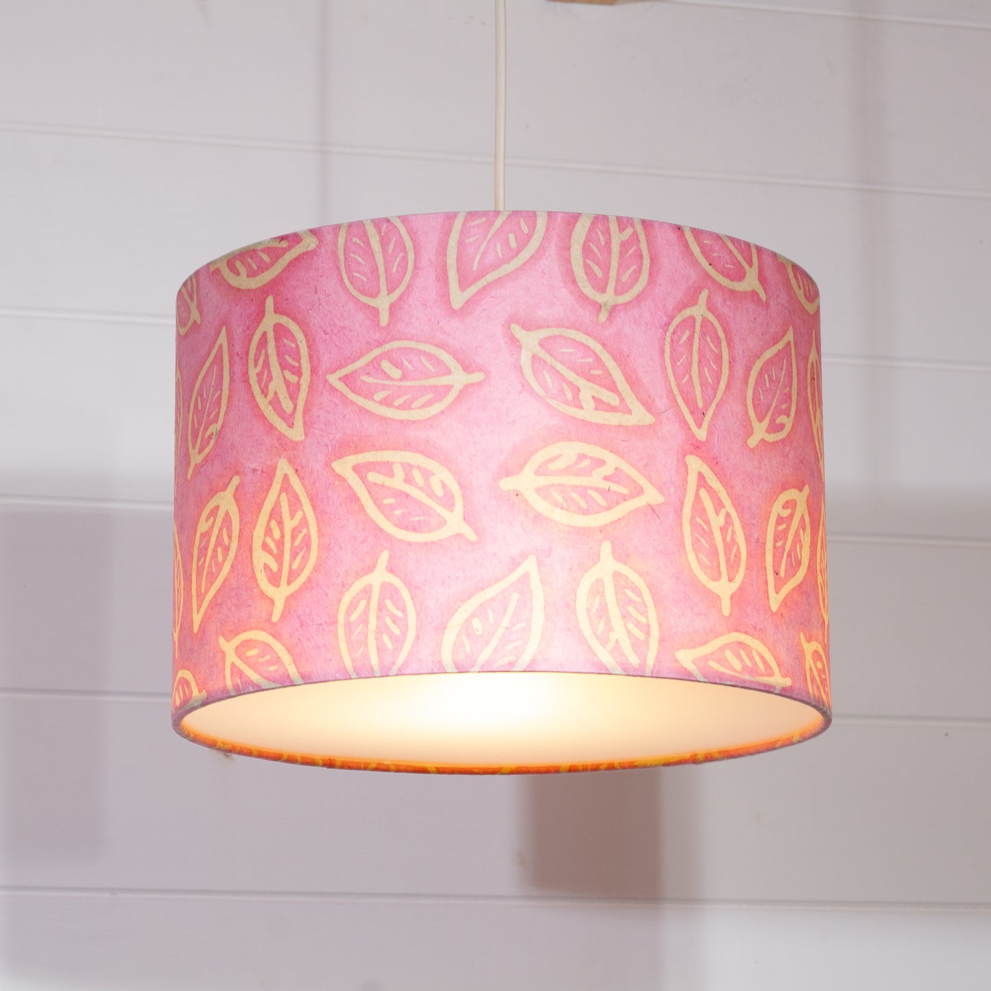 Drum Lamp Shade - P67 - Batik Leaf on Pink, 30cm(d) x 20cm(h)