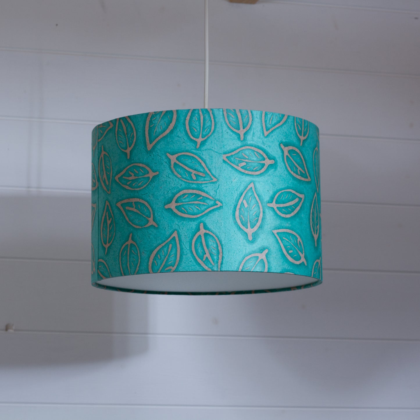 Drum Lamp Shade - B138 ~ Batik Leaf Sea Foam, 30cm(d) x 20cm(h)