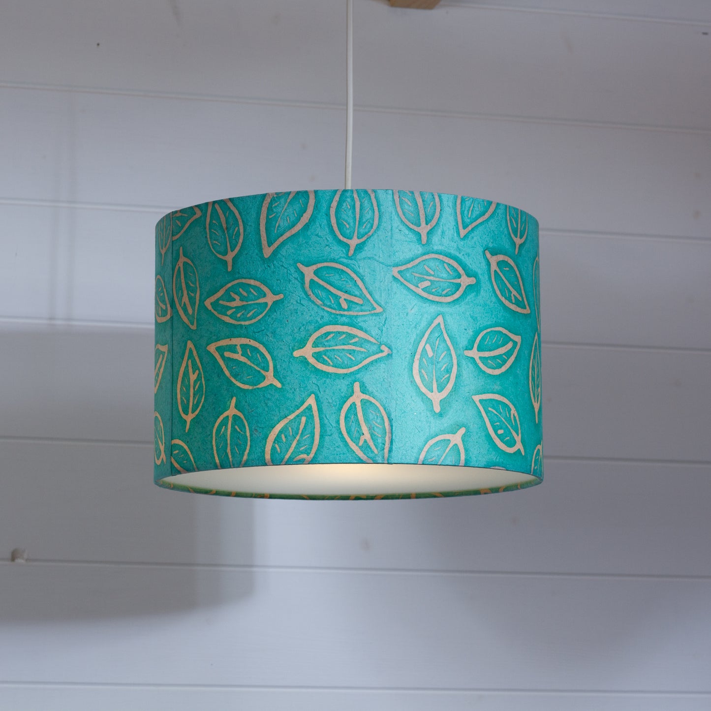 Drum Lamp Shade - B138 ~ Batik Leaf Sea Foam, 30cm(d) x 20cm(h)