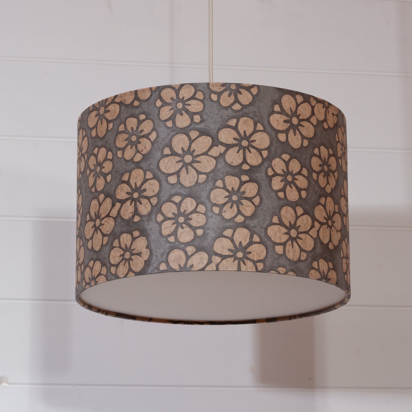 Drum Lamp Shade - P77 - Batik Star Flower Grey, 30cm(d) x 20cm(h)