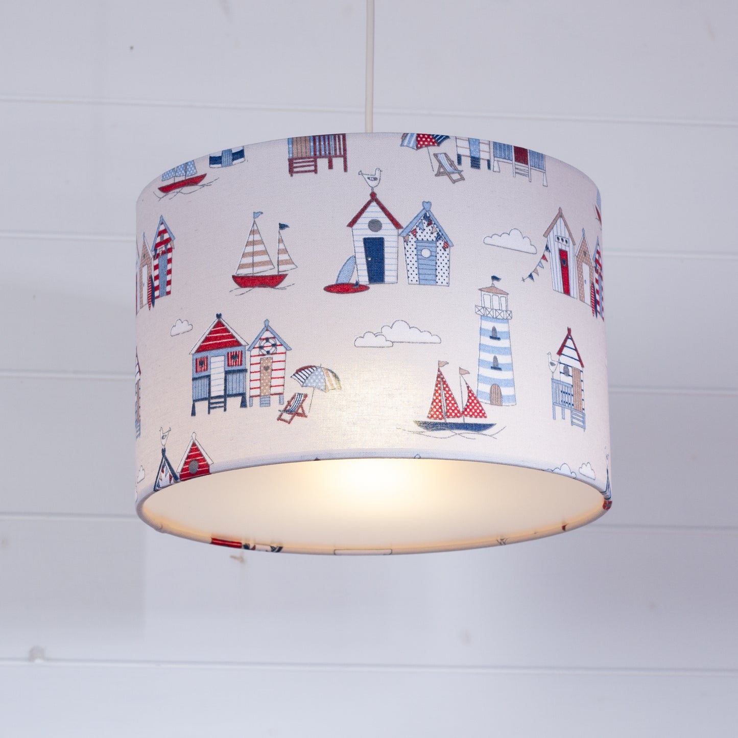 Drum Lamp Shade - F130 ~ Beach Huts, 30cm(d) x 20cm(h)