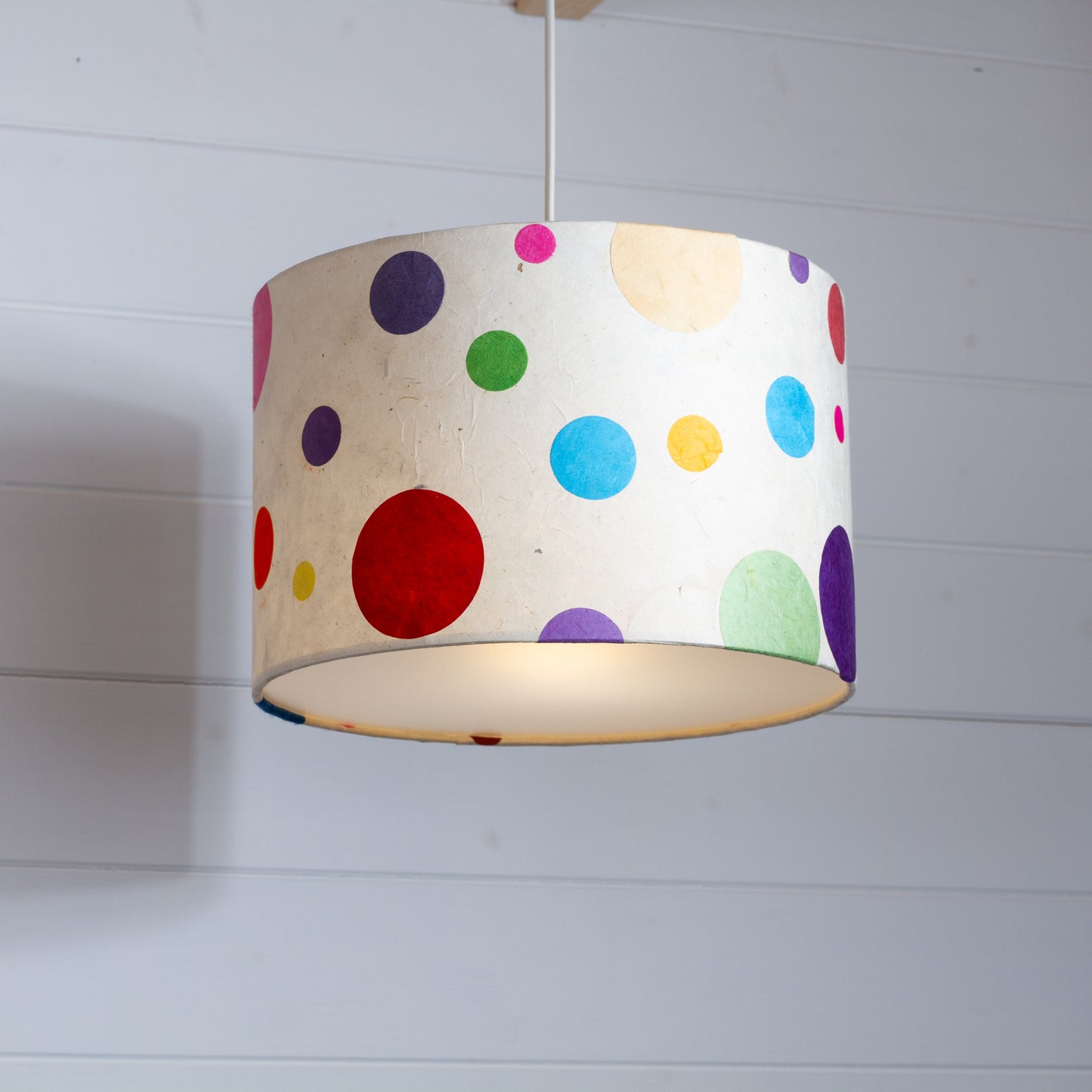 Drum Lamp Shade - P39 - Polka Dots on Natural Lokta, 30cm(d) x 20cm(h)