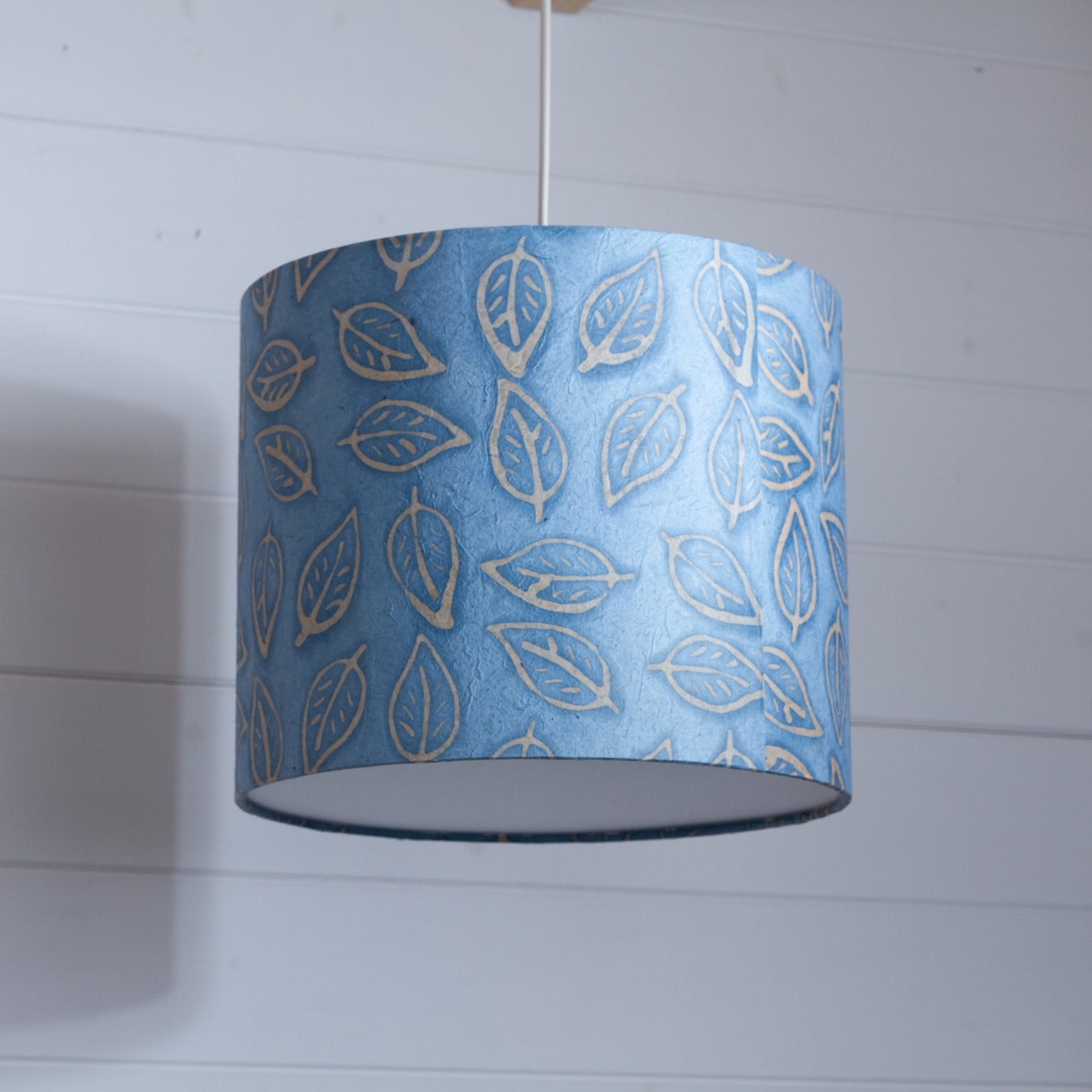 Drum Lamp Shade - P31 - Batik Leaf on Blue, 30cm(d) x 25cm(h)