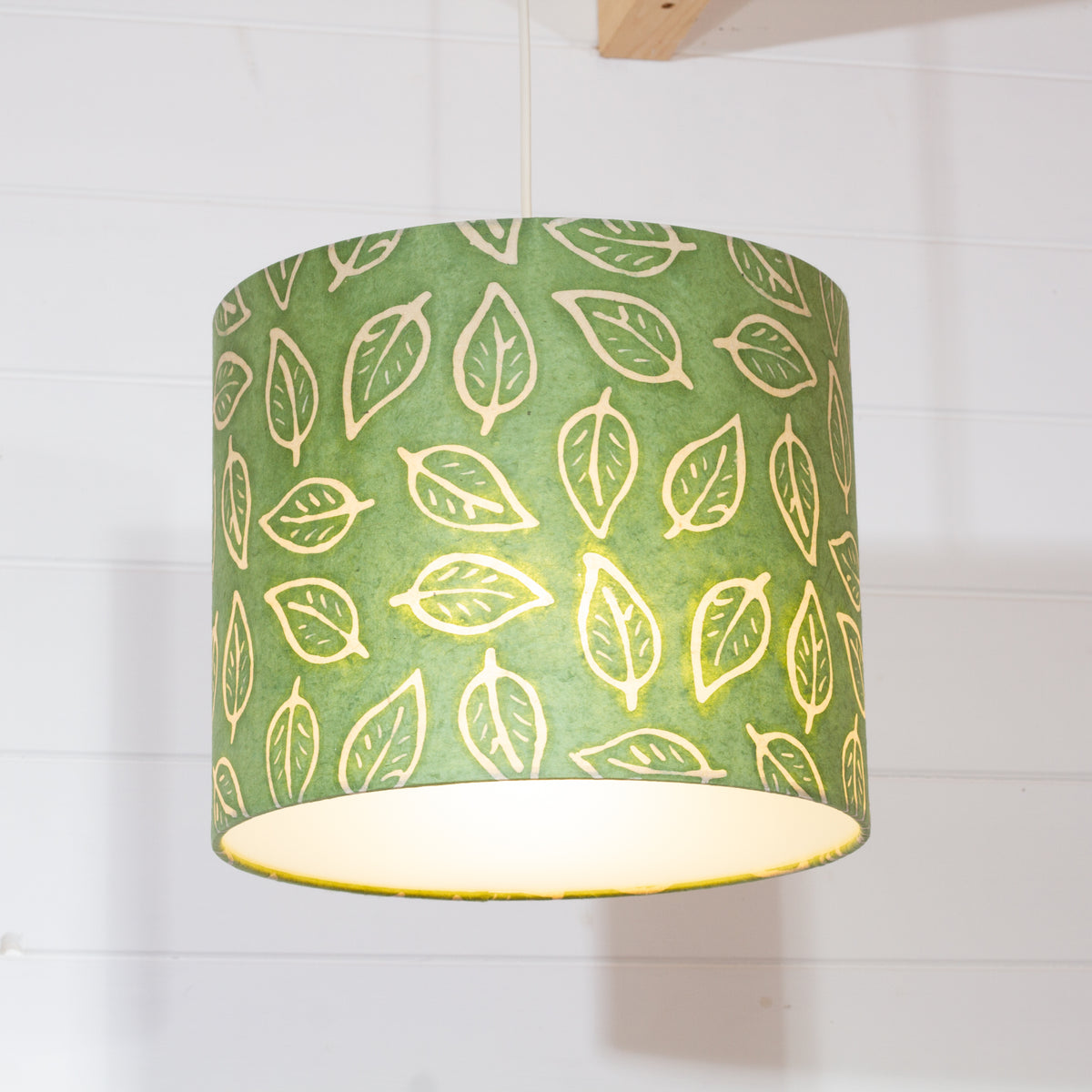 Drum Lamp Shade - P29 - Batik Leaf on Green, 30cm(d) x 25cm(h)