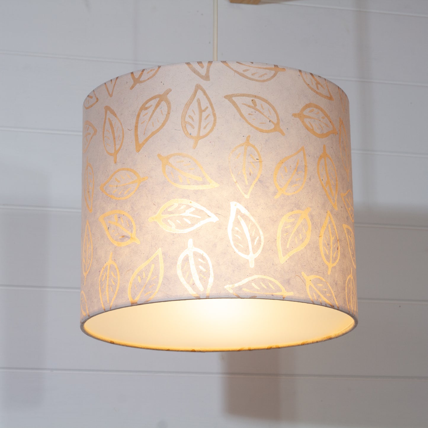 Drum Lamp Shade - P28 - Batik Leaf on Natural, 30cm(d) x 25cm(h)