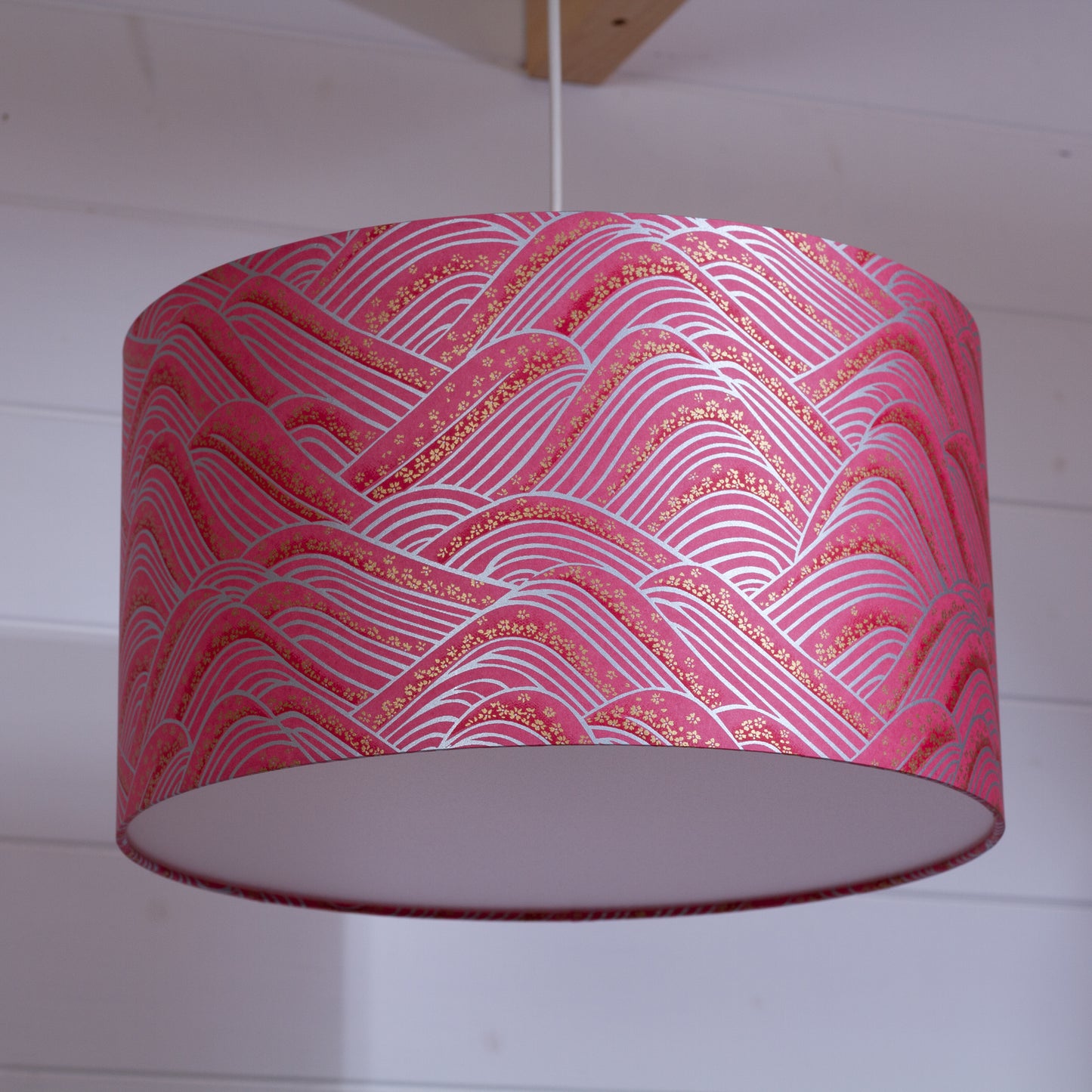 Drum Lamp Shade - W04 ~ Pink Hills with Gold Flowers, 35cm(d) x 20cm(h)