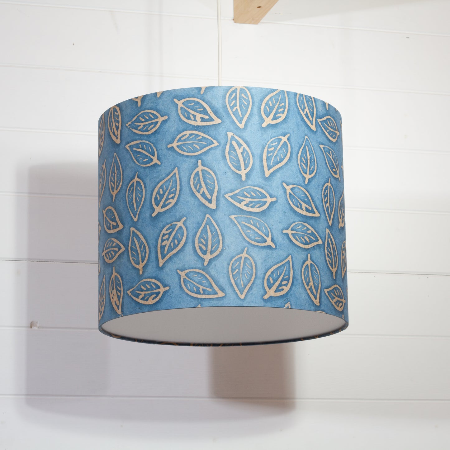 Drum Lamp Shade - P31 - Batik Leaf on Blue, 35cm(d) x 30cm(h)