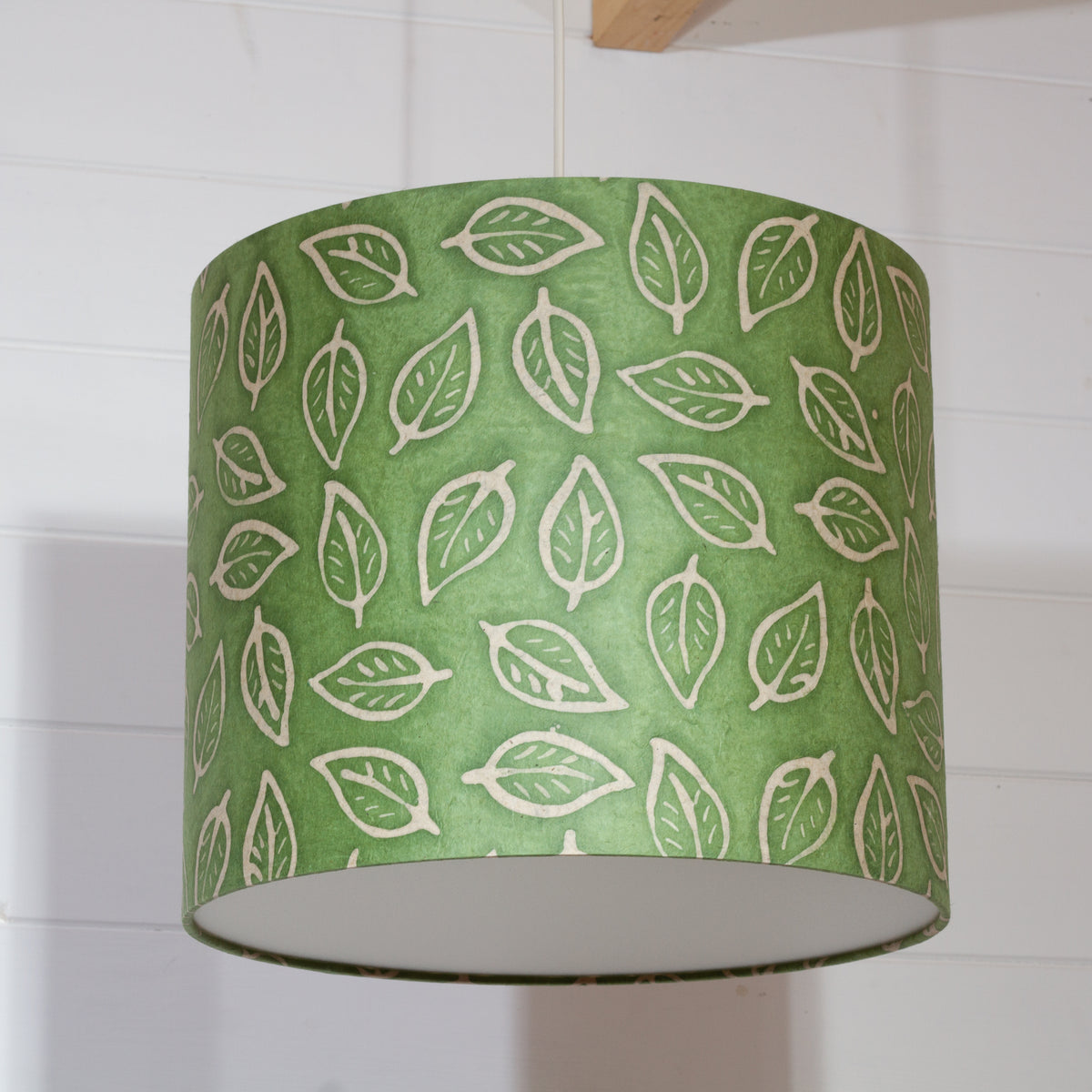 Drum Lamp Shade - P29 - Batik Leaf on Green, 35cm(d) x 30cm(h)