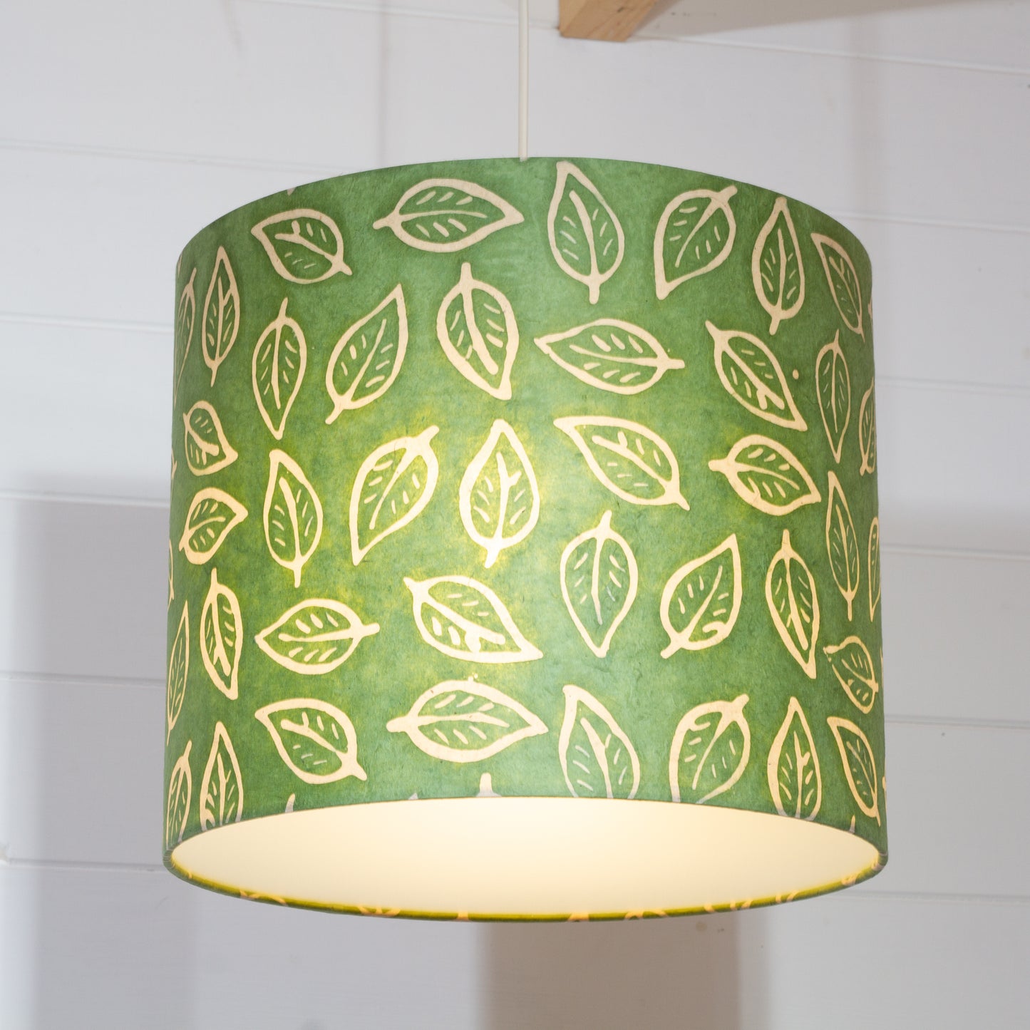 Drum Lamp Shade - P29 - Batik Leaf on Green, 35cm(d) x 30cm(h)