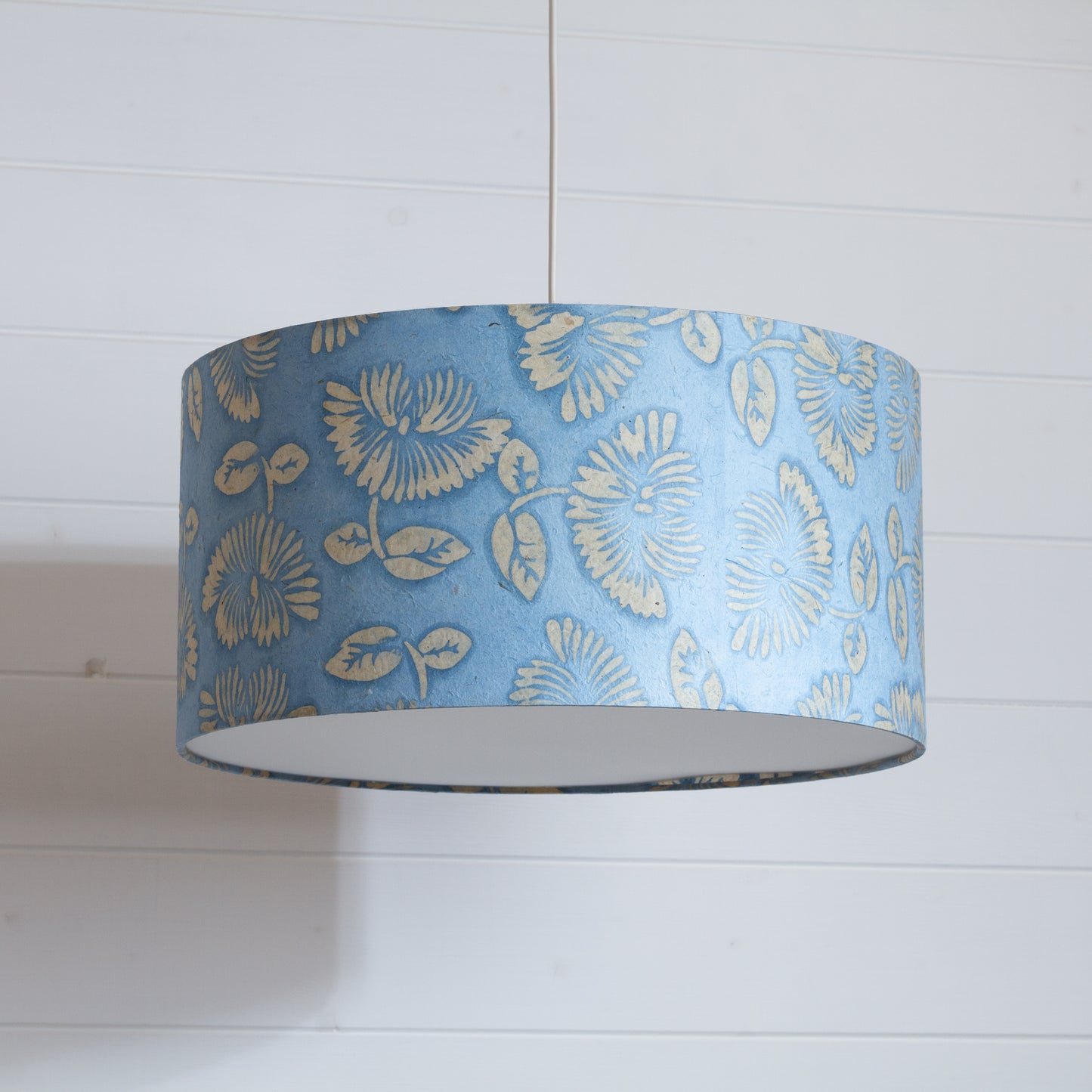 Drum Lamp Shade - B129 ~ Batik Peony Blue, 40cm(d) x 20cm(h)