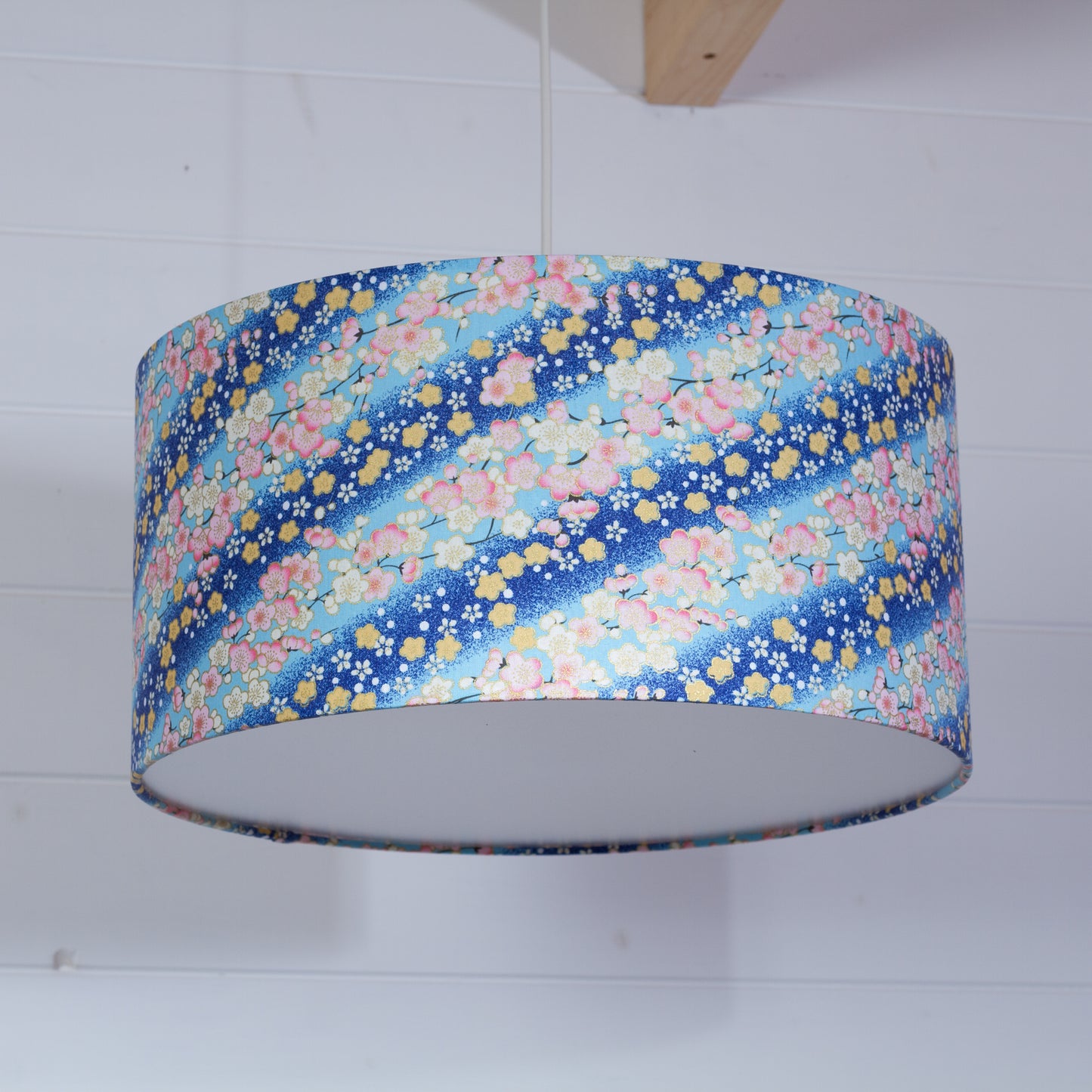 Drum Lamp Shade - F120 ~ Cherry Blossom Blues Fabric, 40cm(d) x 20cm(h)